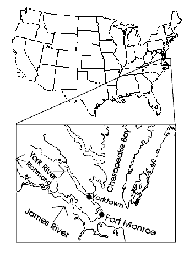 Geographische Lage: Fort Monrore, Yorktown, James und York River